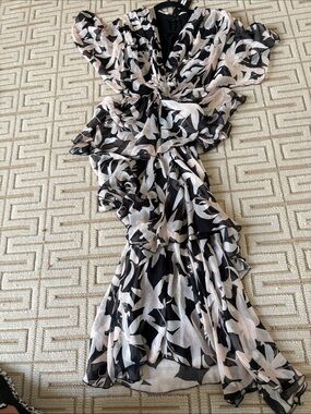 Nina Ricci Black & Blush Floral Ruffle Maxi Dress